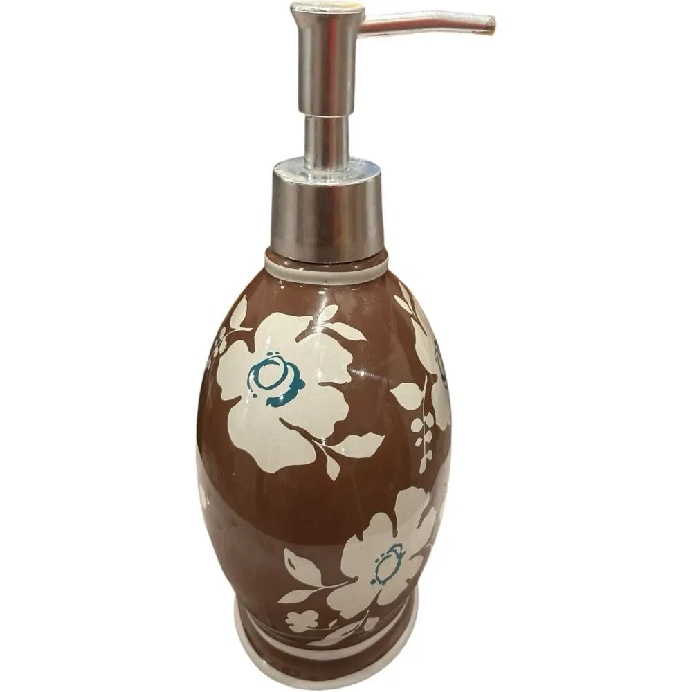 3 Pc Wamsutta Springs Baja Chocolate Floral Bathroom Tissue Cover Cup Soap Pump